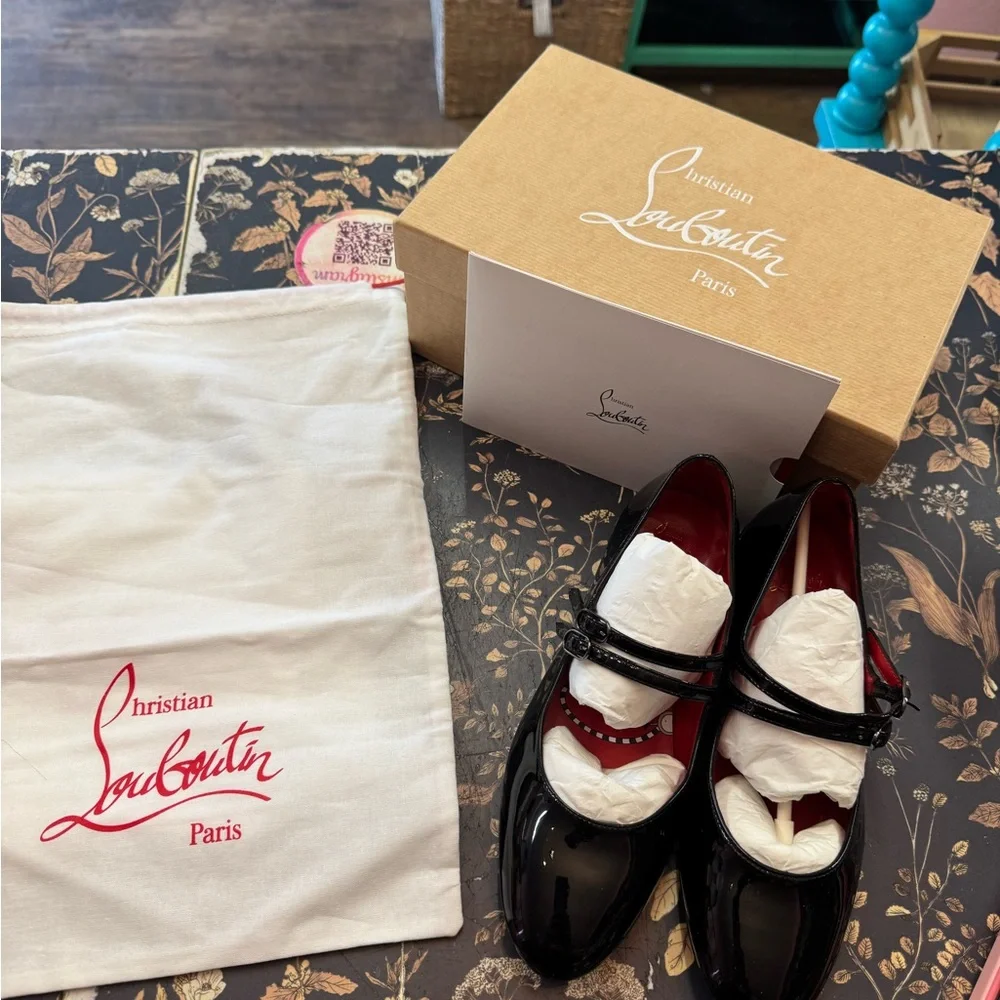 Christian Louboutin Black Patent Leather Mary Jane Flats with Red Interior